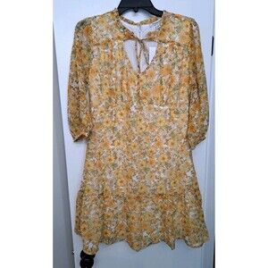 Marissa Olivia Floral Yellow Dress Mesh Puff Sleeve Front Tie Sz S Hippie NWT